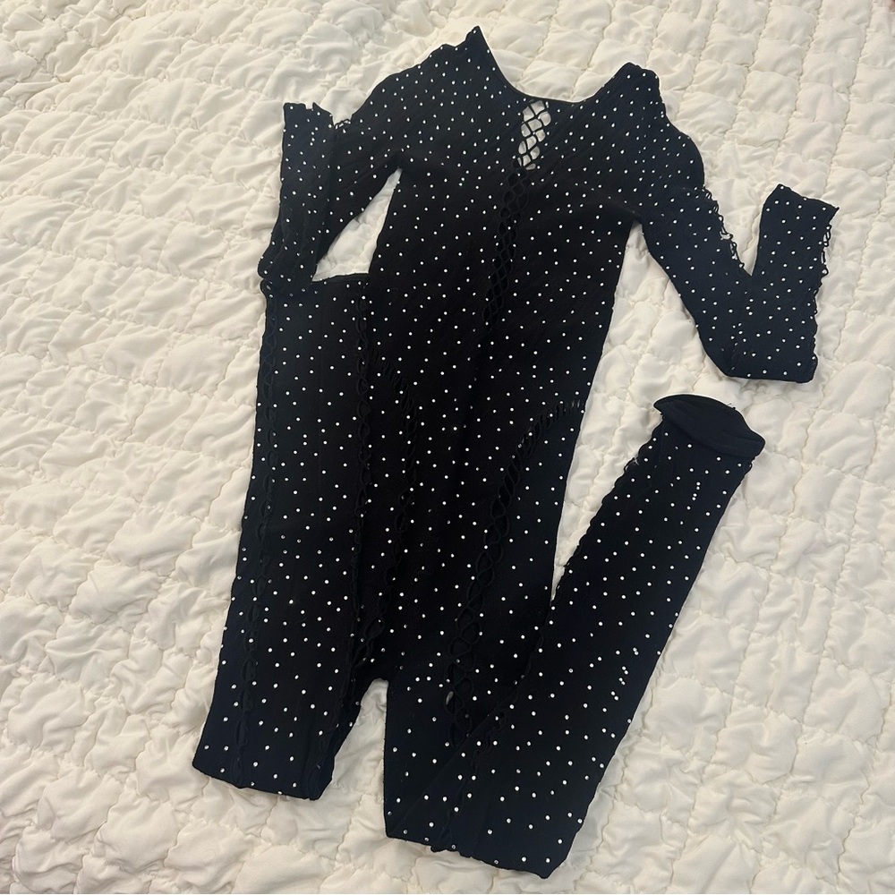 Black Rhinestone Mesh Jumpsuit